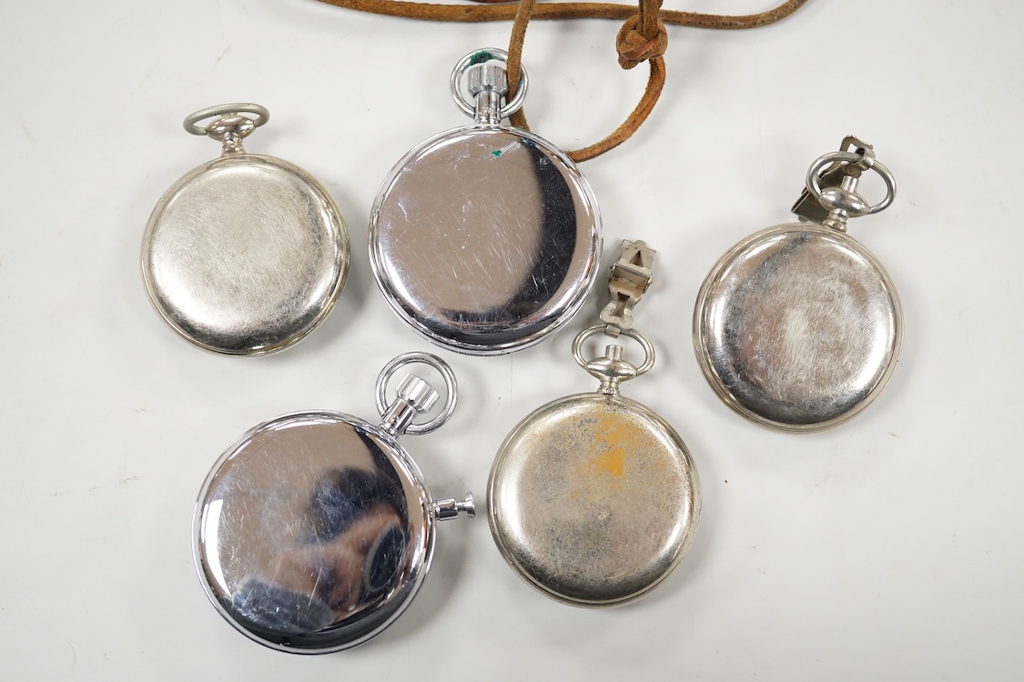 Five assorted base metal cased pedometers to include two Nero Lemania and one retailed by E.B. Meyrowitz.